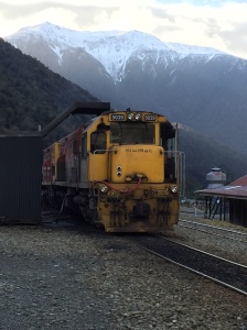 These engines are waiting for the Transalpine train to arrive from Greymouth. They are needed to haul the train up the steep incline to Arthur's Pass.