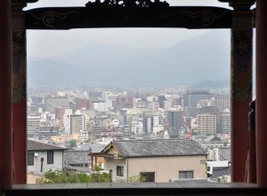 From up at Kiyamizu Temple there are expansive views to be had of the basin which Kyoto sits in, surrounded by mountains.